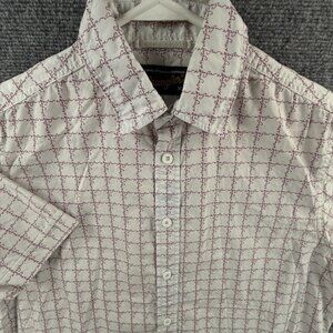 Wrangler Button Up Shirt Men Short Sleeve Medium Red White Check AOP Spell Out